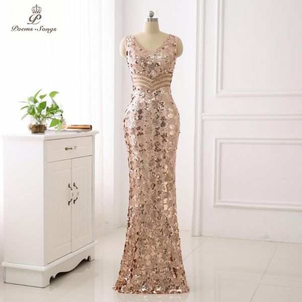 

poems songs double-v elegant evening dress vestido de festa backless luxury gold long sequin evening dress reflective, White;black