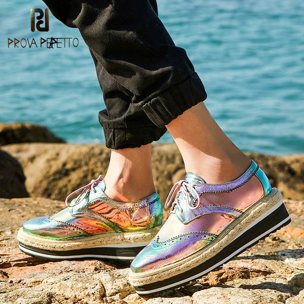 

prova perfetto brand patent leather shoes for women casual lace up square toe platform brogues oxford woman creepers star shoes, Black