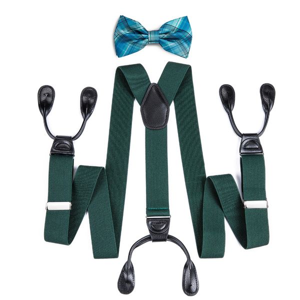 

dibangu mens suspenders green leather 6 buttons brace strap teal bowtie set fashion suspensorio adjustable 3.5*125cm bd504-lj023, Black;white