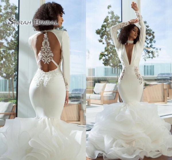 

2019 Elegant Arabic Dubai Mermaid Prom Dresses Sexy Long Deep V Neck Long Sleeves Tiered Organza Open Back Evening Wear Formal Gowns