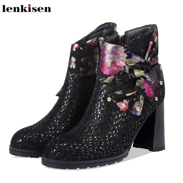 

lenkisen mixed colors genuine leather print round toe super high heels mature women winter keep side zip warm ankle boots l59, Black