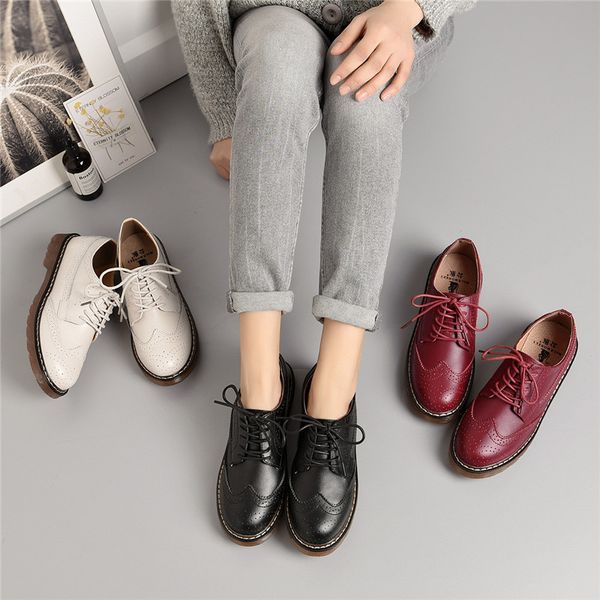 

spring shoes women oxford leather new flats 2019 vintage casual shoes up autumn genuine lace ihgfk, Black