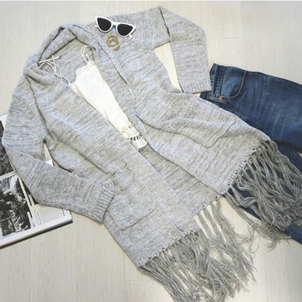 

Female Long Cardigan Tassels Loose Sweater Coat Women Autumn Long Sleeve Warm Outwear Winter Knitting Coat SJ3045