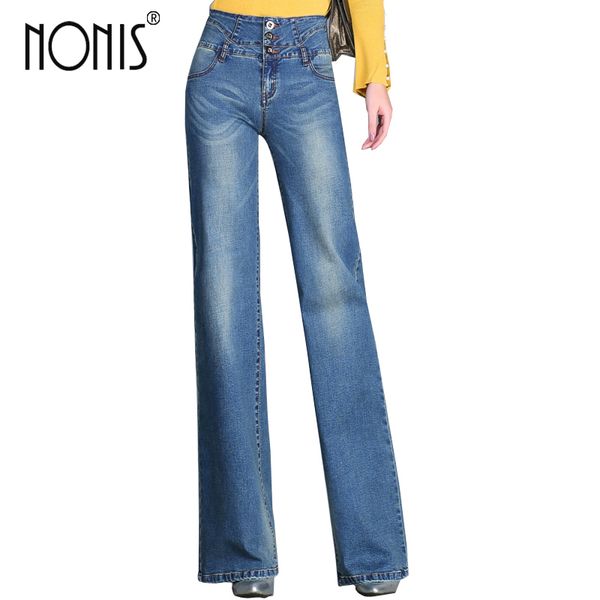 

nonis loose trousers female washed denim jeans wide legs high waist casual boot cut flares femme pantalon for spring summer, Blue