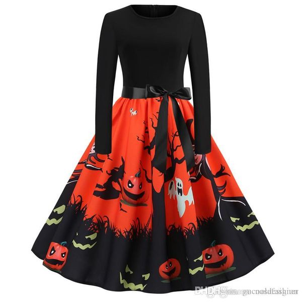 

осень женщин конструктора щитовые платье halloween party ladies платья причинная crew neck длинное платье рукава с лентой, Black;gray