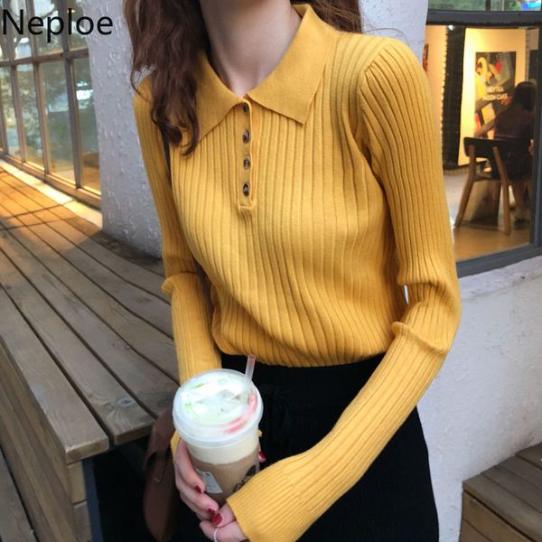 

neploe chic turn down collar single breasted design pull femme hiver slim fit solid long sleeve pullover sweater bottom sueter, White;black