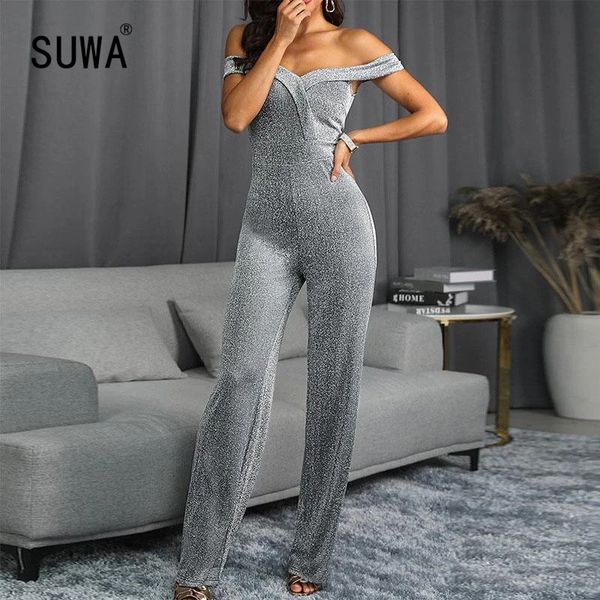 

senior v-neck off the shoulder lady jumpsuits high waist wide leg pants temperament shiny rompers, Black;white