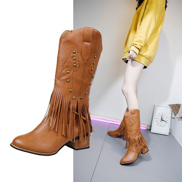 

new fashion chinese nation style flock leather women fringe high-heeled long boots woman rivet tassel knee high boots size 36-43, Black