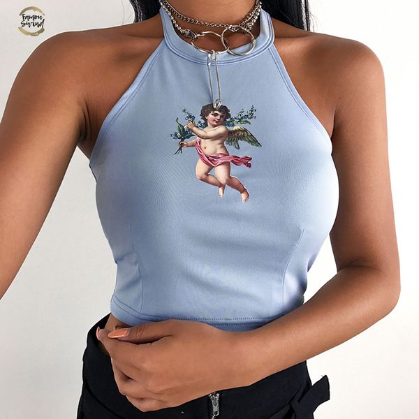 

women cropped halter tank angel print bodycon backless crop 2019 summer streetwear feminino tank, White