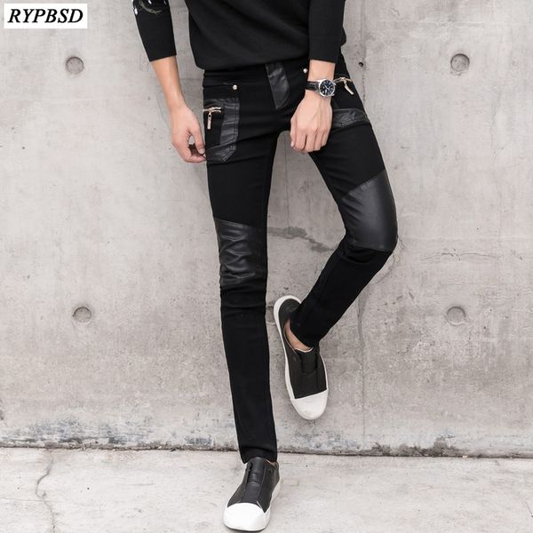 

men's pants faux leather pant fashion zipper men skinny jeans slim fit patchwork denim casual black biker
