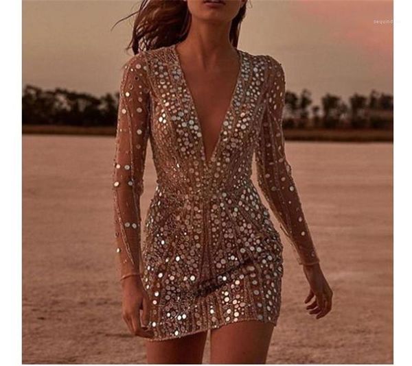 

club slim shiny long sleeved dark v neck dresses fashion women party dresses new sequins womens prom dresses sheer, Black;gray