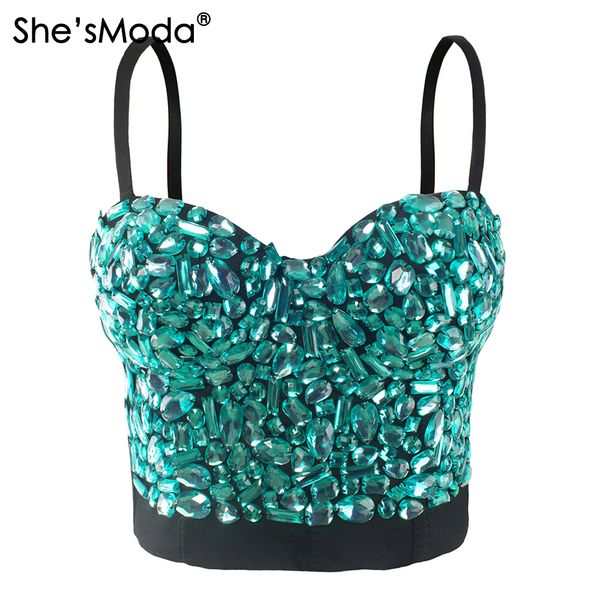 

she'smoda hand-made beaded gaga rhinestone bustier pearls push up night club bralette women's bra cropped vest plus size j190425, White