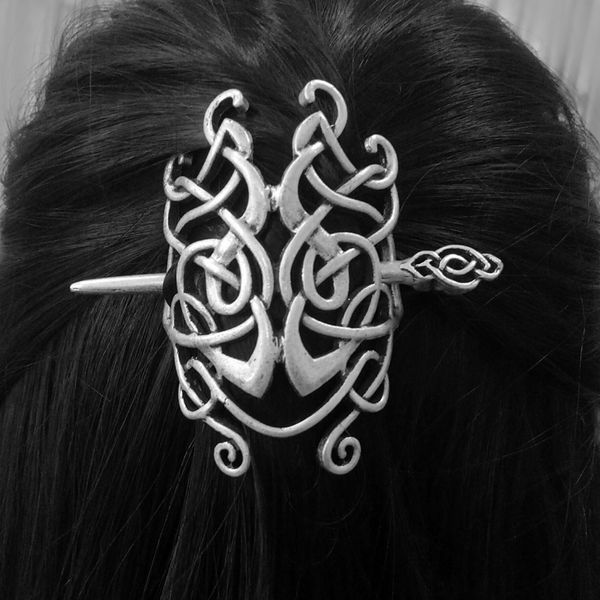 

vintage women girl large celtics knots viking runes double heads hairpin hair clips stick slide accessories for wedding jewelry, Golden;white