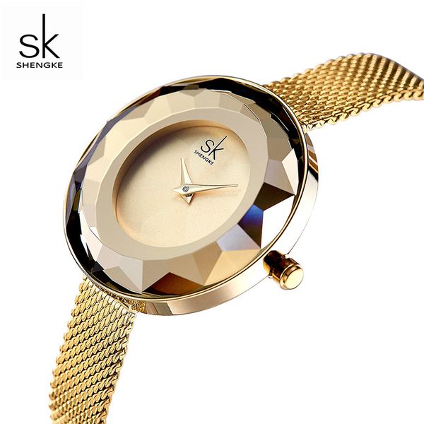 

shengke luxury dial women gold wrist watch 2019 new fashion stainless steel quartz watches women gift clock #k0100, Slivery;brown