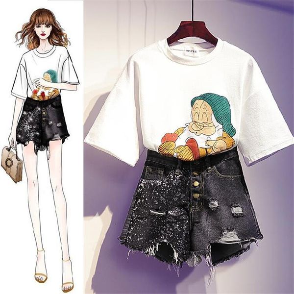 

женщины 2020 лето новый повседневный свободные короткий рукав мультфильм печати основные футболки+ джинсовые шорты / юбка 2 шт. наряд повсед, White