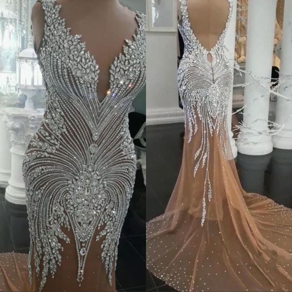

luxurious crystal beaded mermaid prom gown sleeveless v-neck champagne tulle lining formal evening dresses backless sweep train, Black;red