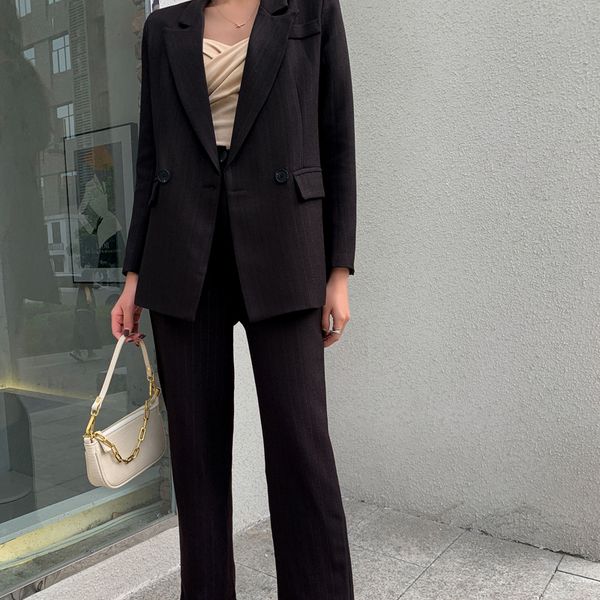

women's suits & blazers 2021 autumn winter two piece set striped blazer female suit outfit slim pants two-piece for business woman w186, White;black
