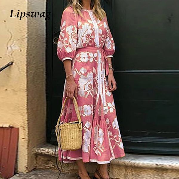 

lipswag women plus size retro printed lantern sleeve dress autumn casual o-neck party dresses fashion loose belt dress vestidos, Black;gray
