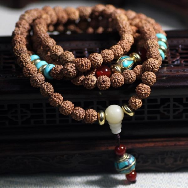 

tibetan jewelry 7-9mm rudraksha bodhi seeds 108 rosary round beads bracelets buddha prayer wood japa mala bracelet j1386, Golden;silver