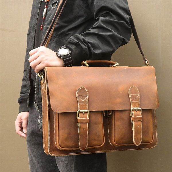 

nesitu vintage genuine crazy horse leather 14'' lapoffice men briefcase portfolio shoulder messenger bag m7105
