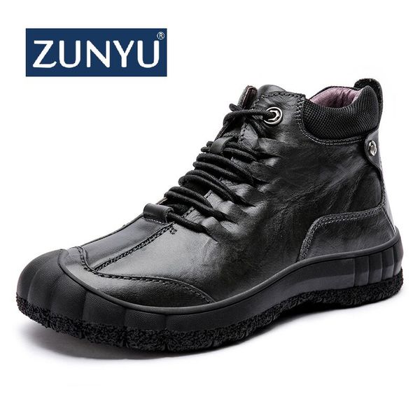 

zunyu new genuine leather men boot fashion man winter snow boots keep warm boots plush ankle snow work shoes men's, Black