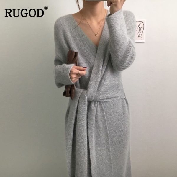 

rugod 2019 новый корейский belted кашемировый свитер платье женщины моды дамы офис v шеи трикотажное платье зимы теплый толстые vestidos, Black;gray