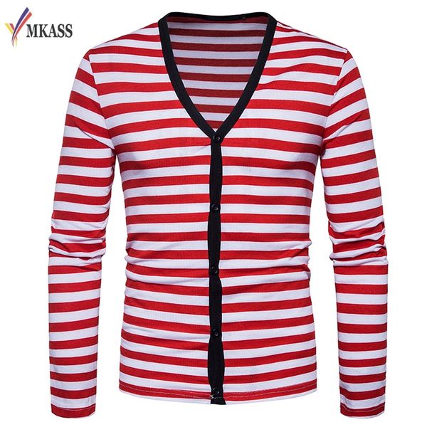 

spring autumn mkass brand clothing men's sweaters v-neck slim fit mens stripe cardigan contrast color knitted sweater men, White;black