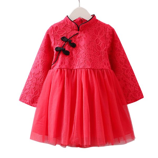 

girls dresses kids clothes new year 2020 kids girl long sleeve dress chinese style solid cheongsam spring lace princess dress d1, Red;yellow