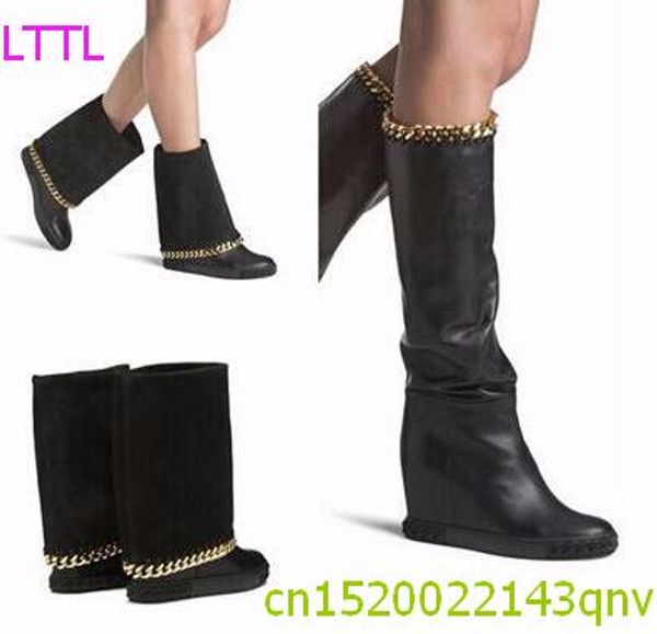 

black leather height increasing woman boots round toe knee high boots winter gold chains wedge heeled