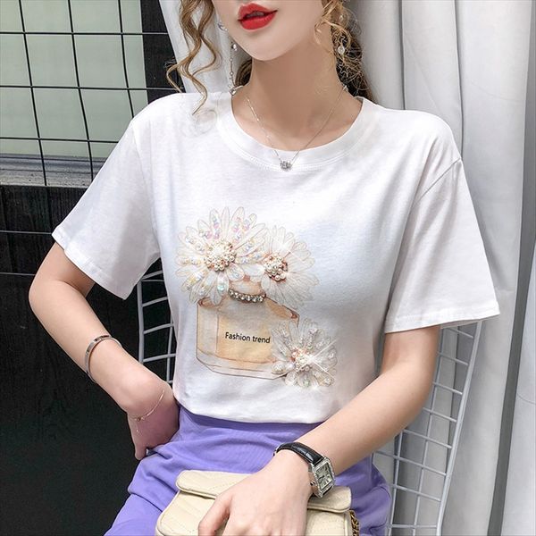 

ins white short-sleeved female 2020 loose beaded printed fashion ins white short-sleeved t-shirt female 2020 loose beaded printed t