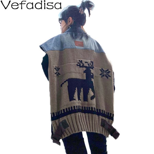 

vefadisa demim vest coat woman 2020 knitting patchwork vest lapel sleeveless denim coat spring and autumn outerwear qyf1647, Black;white