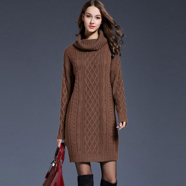 

solid turtleneck long sweater women casual plus size pullover knitted dress autumn winter female fashion thicken warm sweater, White;black