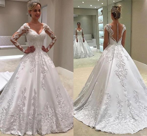 

modest white long sleeve a line wedding dresses sheer backless with buttons jewel neck appliques long vestidos bridal gowns