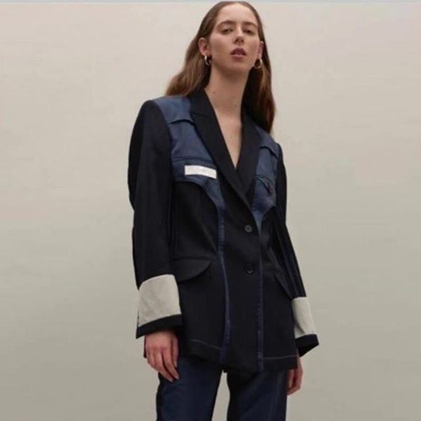 

new fashion retro pu leather stitching suits hit color design blazer female chic korean version outerwear blazer wq2375, White;black