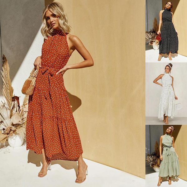 

women's ladies sleeveless polka dot printing dress summer casual flounced skirts girls beach long dresses, Black;gray