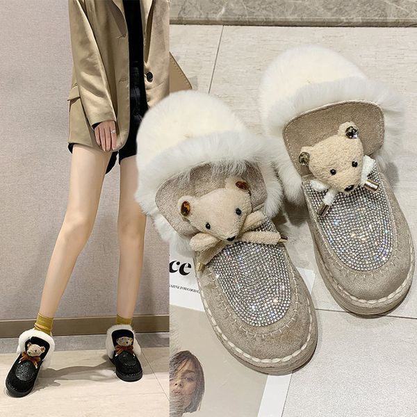 

w- autumn and winter wild fashion round head snow boots rhinestones fur fur ball cotton shoes plus velvet peas shoes, Black