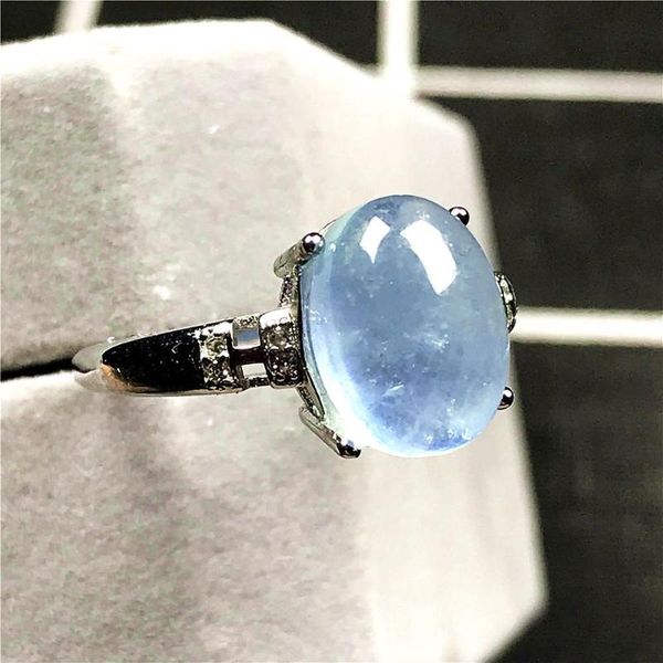 

real natural ocean blue aquamarine ring for woman lady man crystal 11x8mm beads silver stone adjustable size ring jewelry, Golden;silver