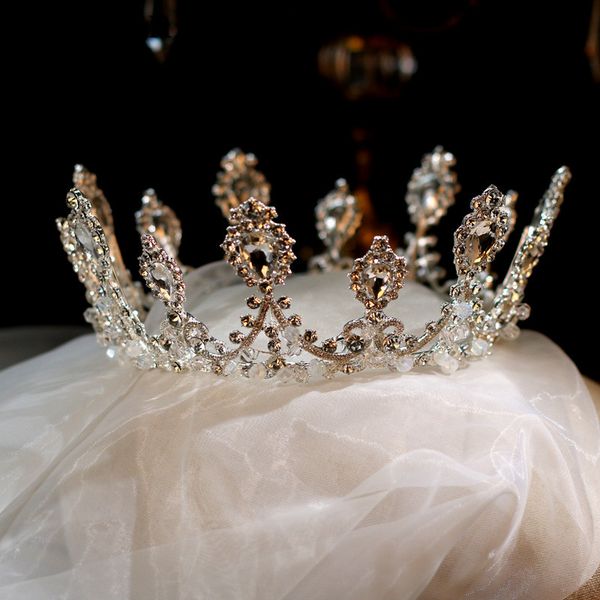

janevini luxury princess crown round bridal wedding accessory hair jewelry bride tiaras and crown silver crystal beaded headband, Golden;white