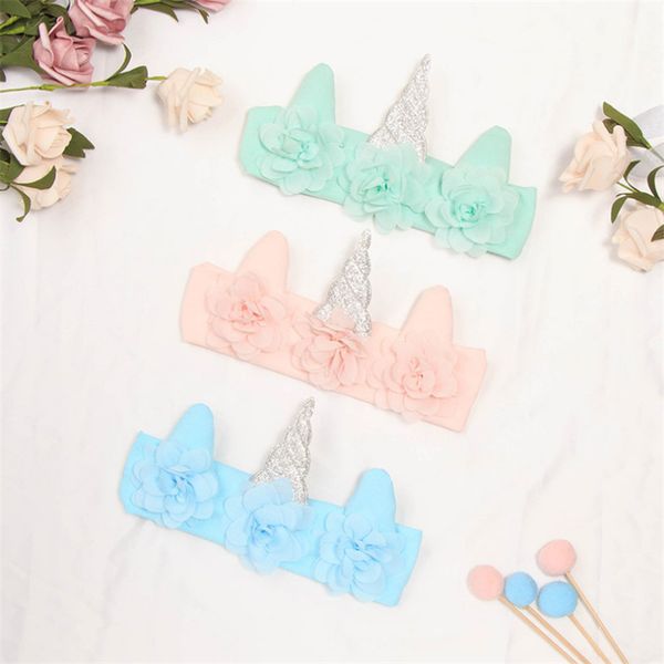 

10pcs/lot elastic unicorn headband girls tiaras hair band flower headwear silver horn festival party hair accessories for kids, Slivery;white