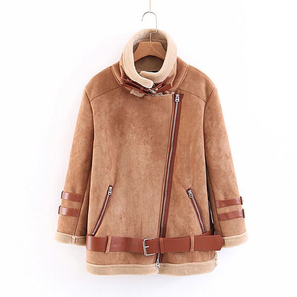 

new winter fur inside jacket with belt zipper coat women motocycle style, Black
