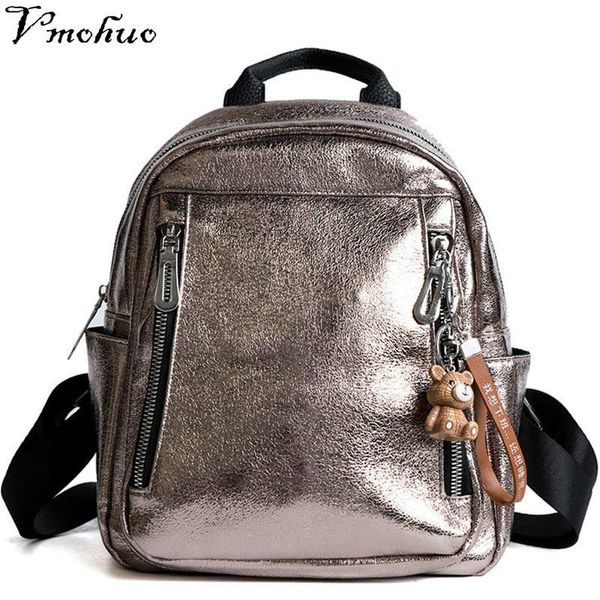 

brand simple fashion pu women backpack silver metal color solid casual bag women satchel mini portable backpack for girls