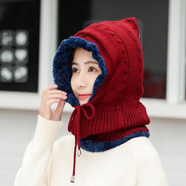 

plush knitted hooded neck warmer cap for women men,fall winter warm thick knit beanie hat with earmuffs hooded scarf ski beanies, Blue;gray