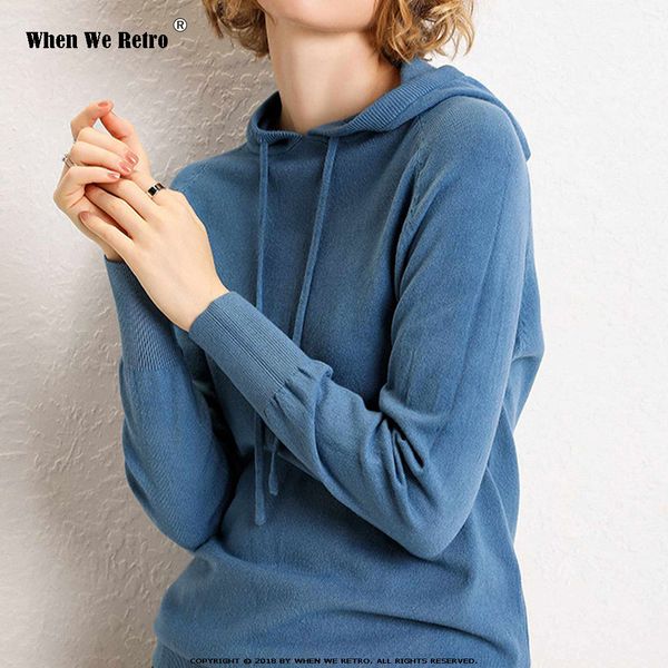 

when we retro fashion woman solid hooded sweater female long sleeve korean qy0583 sweater ladies knitted pullovers pull femme, White;black
