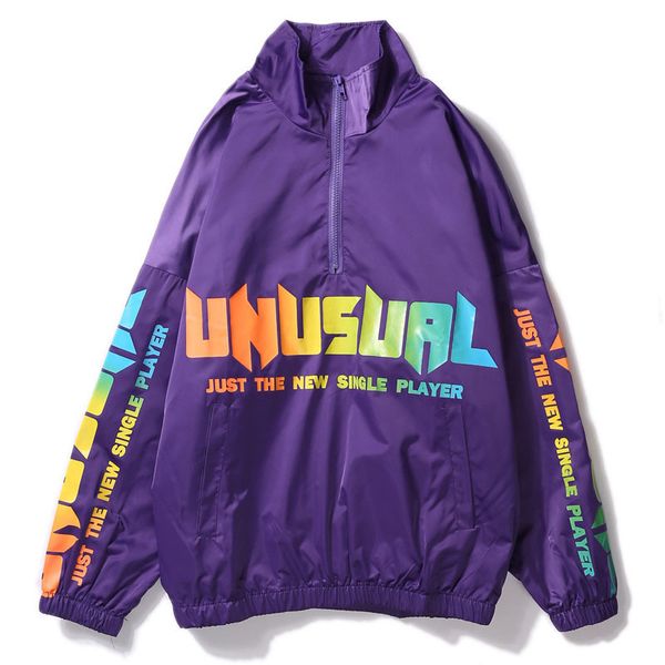 

letter print pullover windbreaker jacket men's hip hop streetwear 2019 spring autumn purple half zip jackets and coats ws193, Black;brown