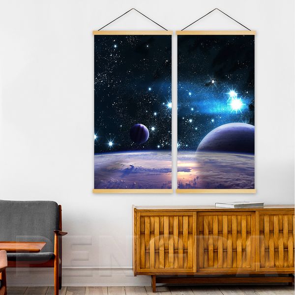 

wall art canvas pictures 2 panel starry sky planet poster wooden scroll hanging painting print home decoration for living room