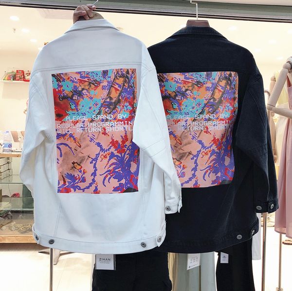 

couple jeans jacket female and male autumn 2019 new street hip-hop bf wind loose color abstract printed jacket denim coats, Black;brown