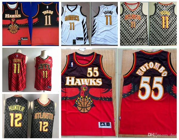 

mens 55 dikembe mutombo trae 11 young vancouver atlanta hawks retro red nba jersey 12 de andre hunter basketball vintage jersey, Black