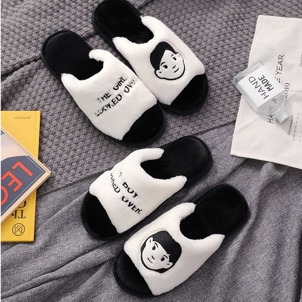 

women fashion spring autumn plush slippers couple rubber flat cotton slippers female home non-slip warm plush cotton shoes, Black