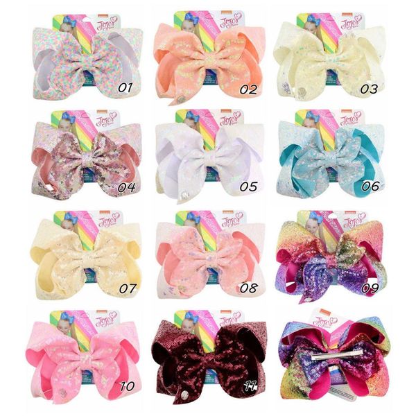 

8" large jojo bows kids sequin rainbow hair bows with claw handmade knot jumbo hair clips for girls hairgrips accessories, Slivery;white