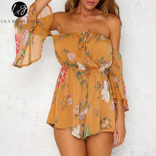 

conmoto girl yellow floral playsuit off shouder flare sleeve summer jumpsuit 2018 women romper beach party chic overall, Black;white